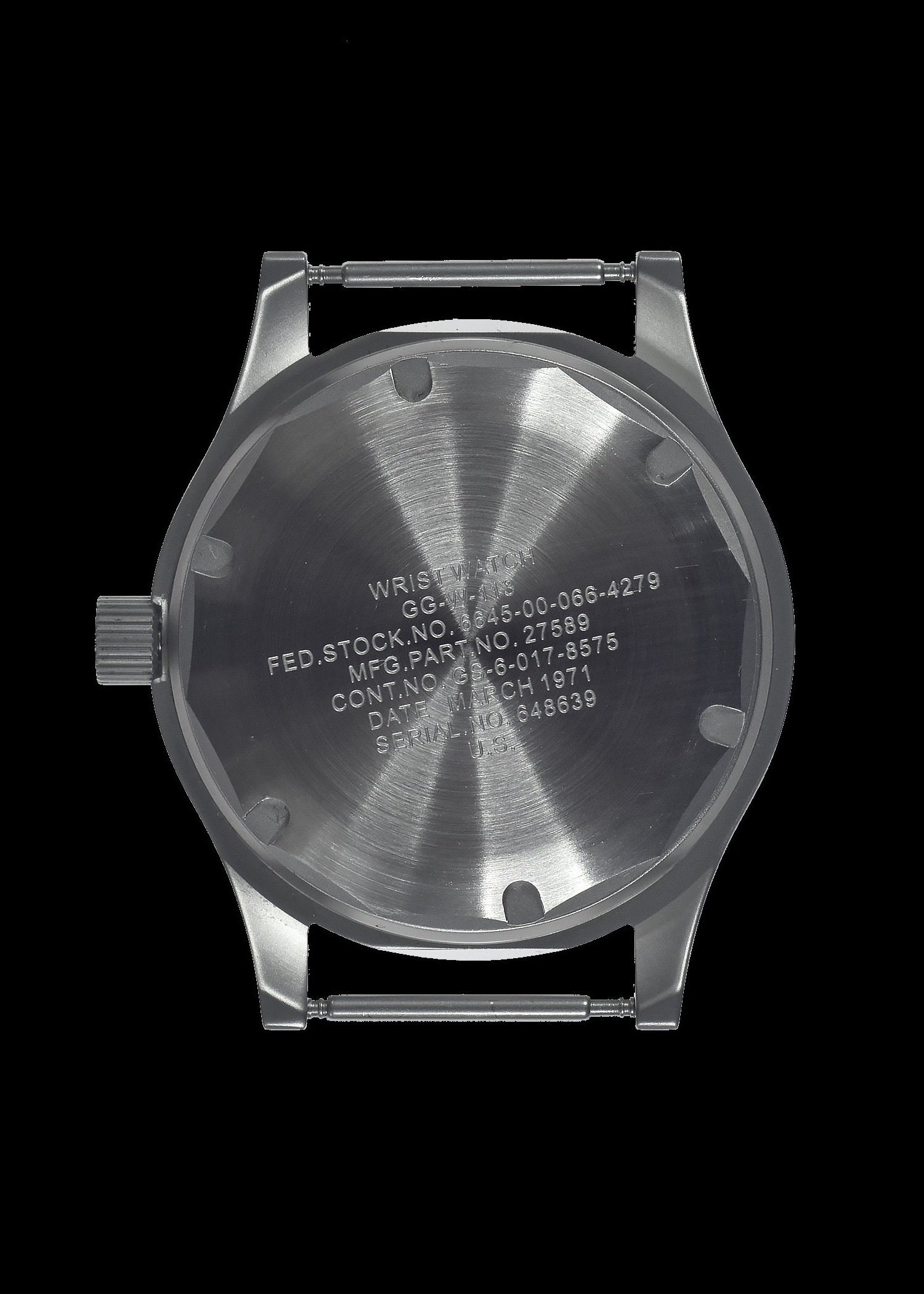 GG-W-113 U.S 1960s Pattern Automatic Military Watch 100m Water Resistant with Shatter and Scratch Resistant Sapphire Box Crystal on Matching Retro Stainless Steel "Bonklip" Bracelet with an Additional Webbing Strap