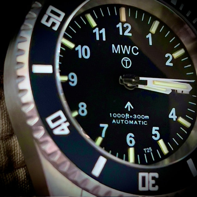 MWC 24 Jewel 300m Automatic Military Divers Watch with Tritium GTLS Illumination, Sapphire Crystal and Ceramic Bezel and Steel Bracelet