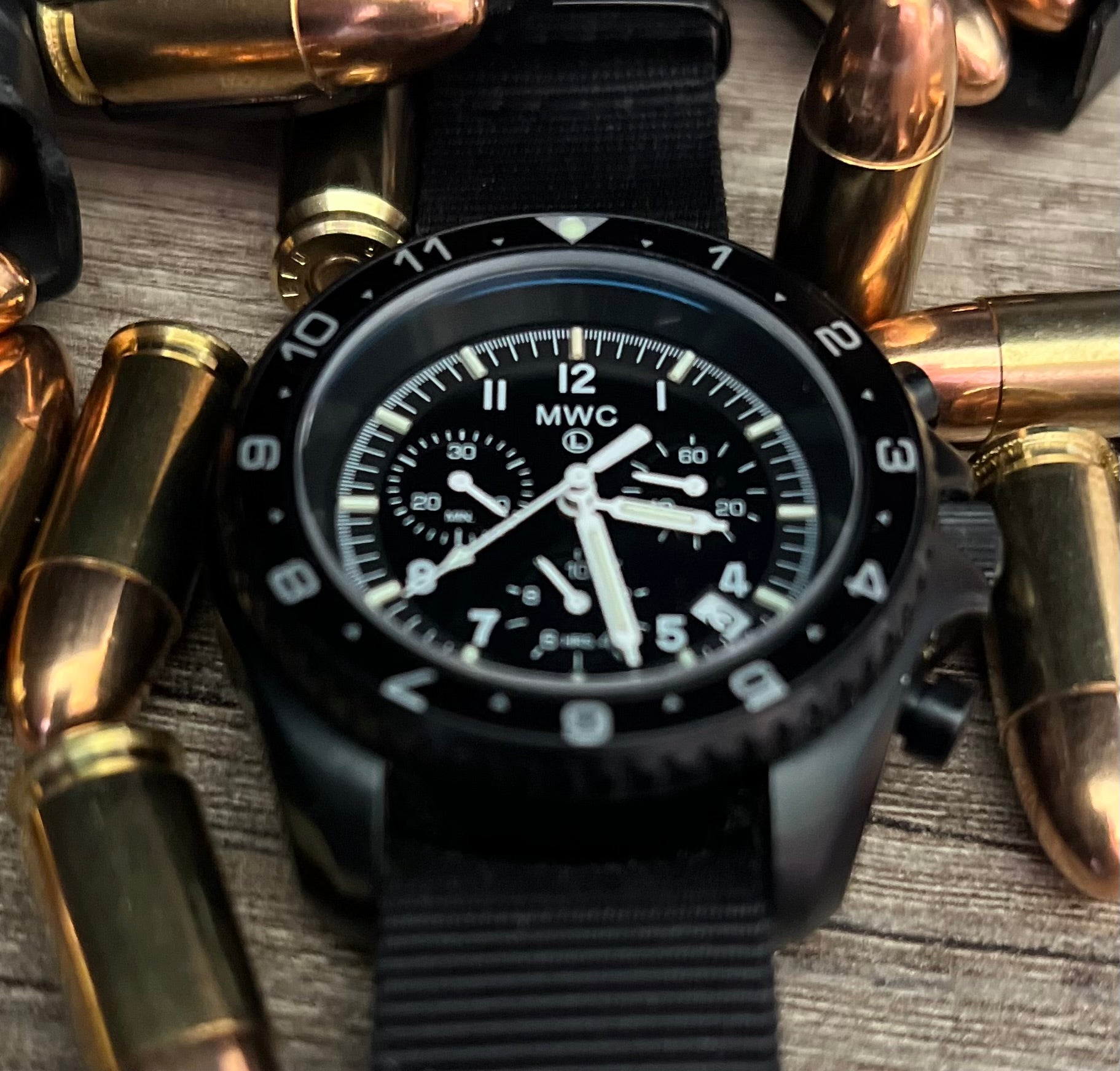 MWC NATO Pattern Stainless Steel Military Pilots Chronograph with Sapphire Crystal and Swiss Ronda Movement - 12 Hour GMT Bezel and GTLS/Tritium Illumination