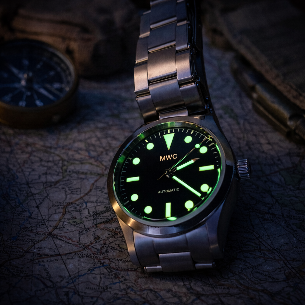 MWC Classic 1950s/1960s Pattern 25 Jewel Automatic "Adventurer" Watch with 200m Water Resistance and Retro Luminous Paint, Sapphire Crystal and 1960s Pattern Bracelet