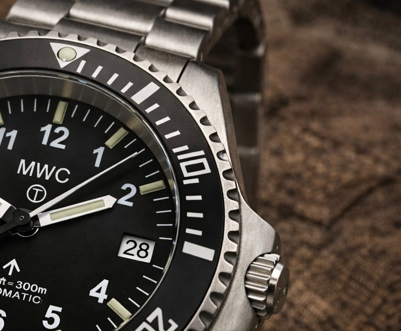 MWC 24 Jewel 300m Automatic Military Divers Watch with Tritium GTLS Illumination, Sapphire Crystal and Ceramic Bezel and Steel Bracelet