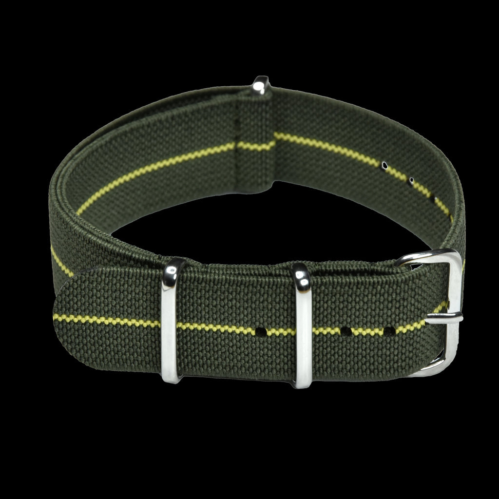 20mm Elasticated Green wit Yellow Stripe NATO Military Watch Strap
